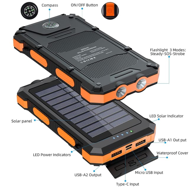 OUKAFEN Outdoor Solar Power Bank 30000mAh with LED Flashlight & Compass - Rugged Portable Charger For All SmartPhones